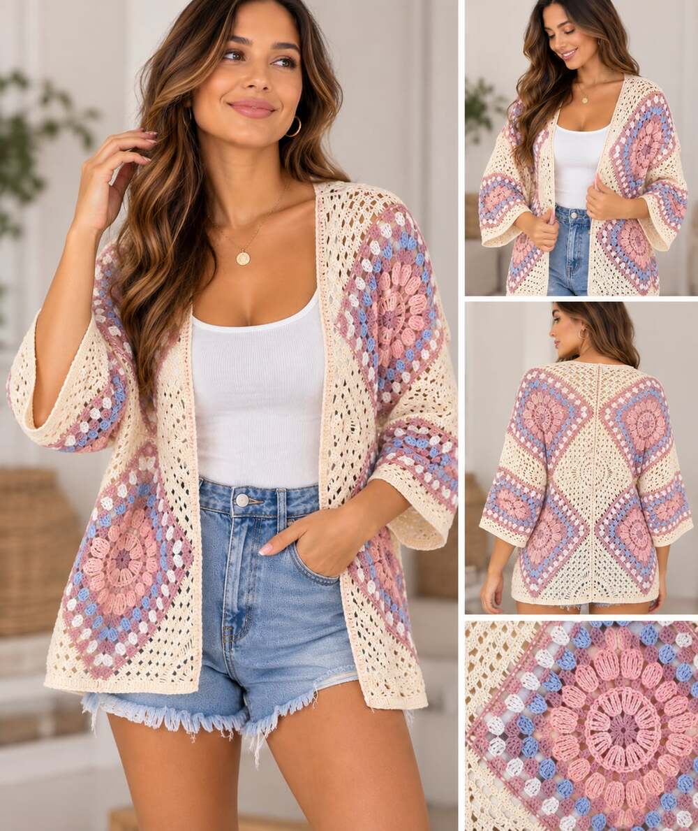 POL Sunday Porch Boho Crochet Cardigan Size ONE Pink White New